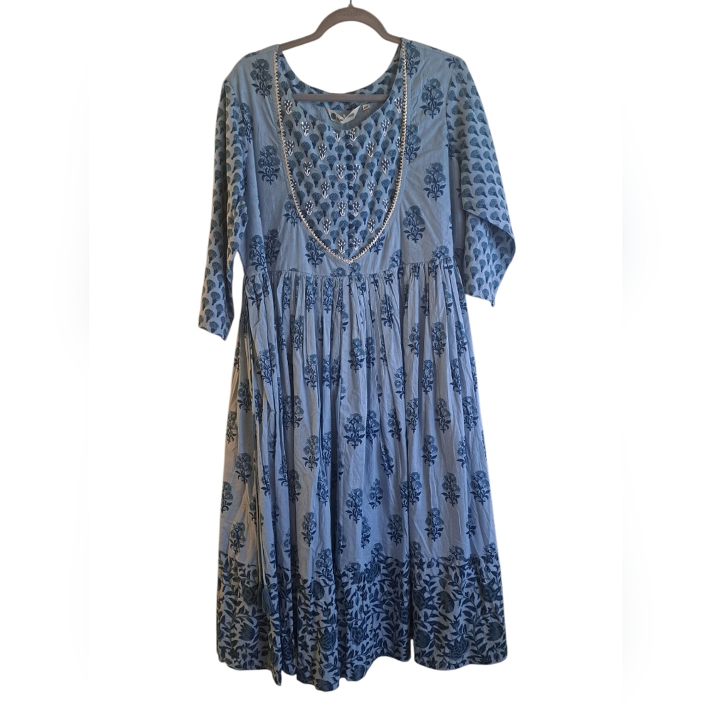 Blue Casual 3/4 Sleeve Scoop Neck Sundress